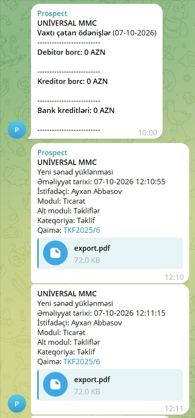 Prospect Telegram bildirişləri: vaxtı çatan ödənişlər və yeni sənəd yüklənməsi